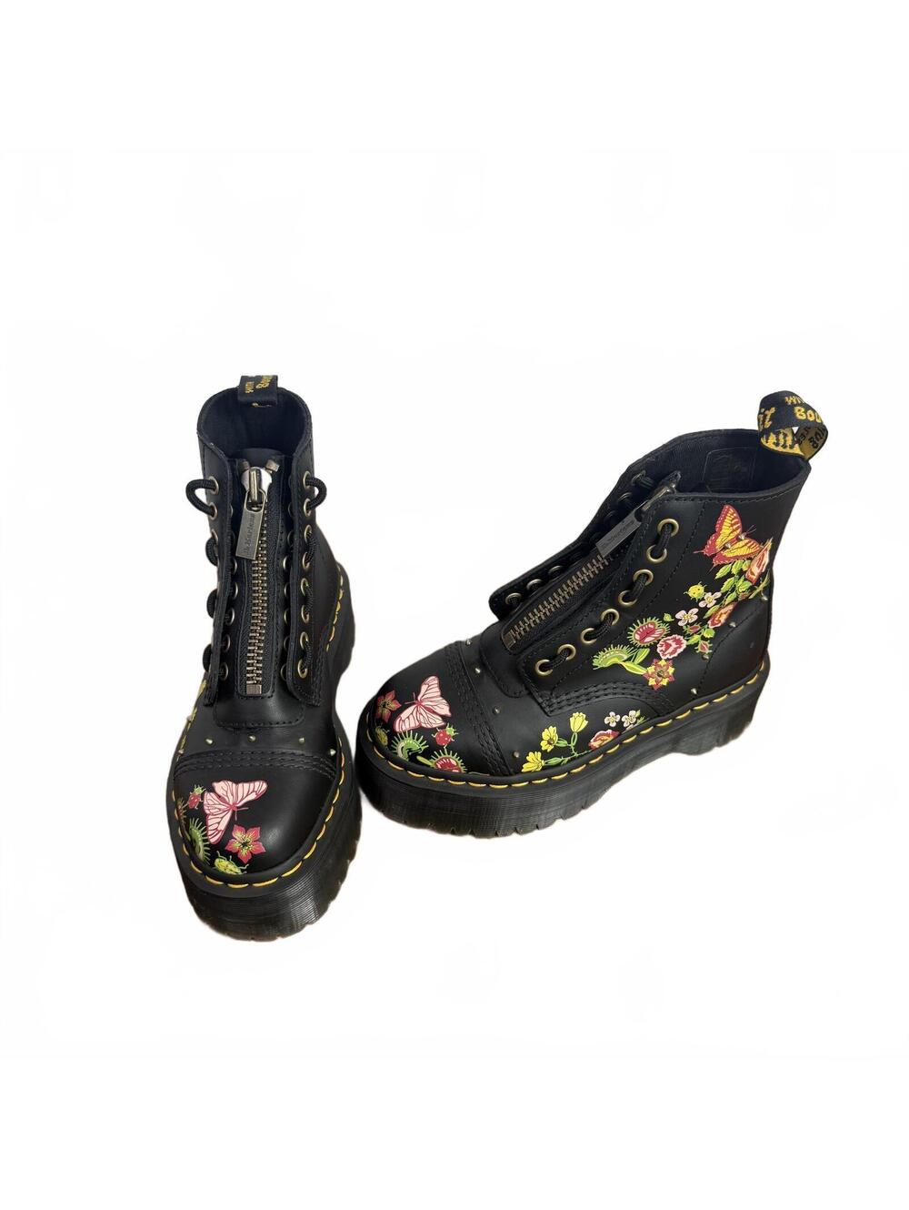 Dr. Martens Sinclair Bloom Platform Boots Black Floral Leather Women's US 5